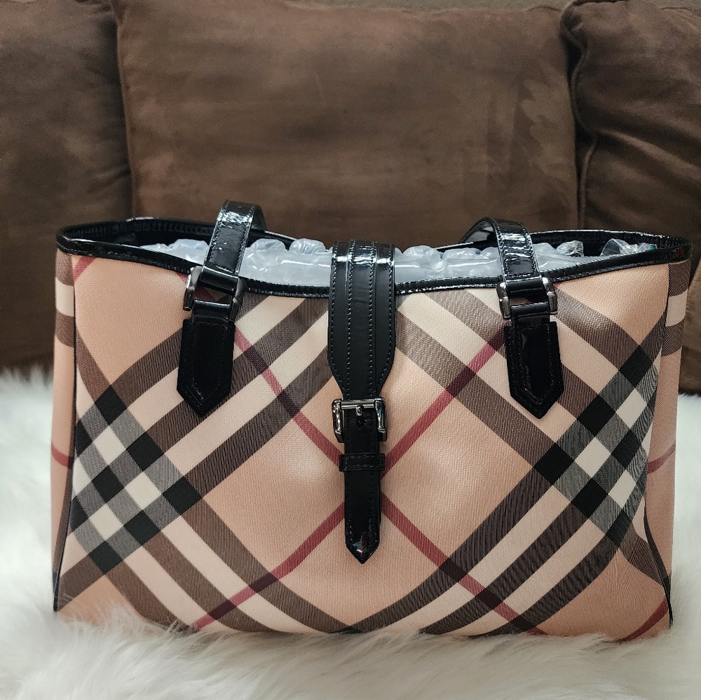 Burberry Patent Trim Nova Check Tote